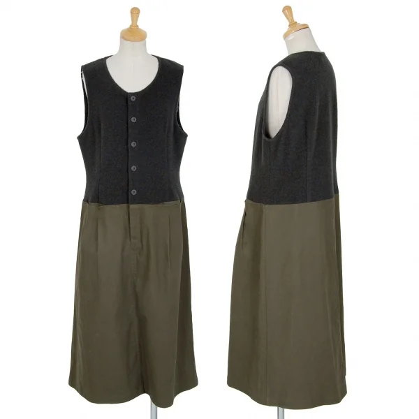 ワイズフォーリビングY's for living 異素材切替ノースリーブワンピース 深緑カーキM位 K-95638_001