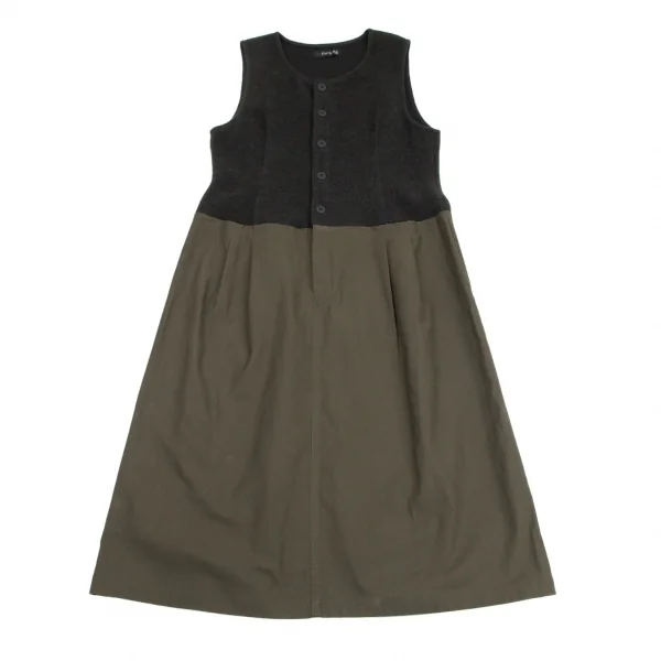 ワイズフォーリビングY's for living 異素材切替ノースリーブワンピース 深緑カーキM位 K-95638_002