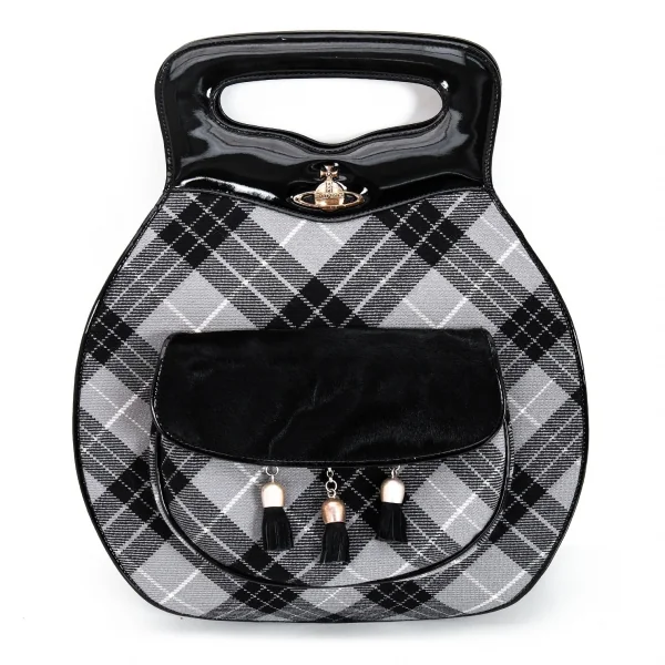 ヴィヴィアンウエストウッドVivienne Westwood タータンチェックハンドバッグ 黒グレー K-95701_001